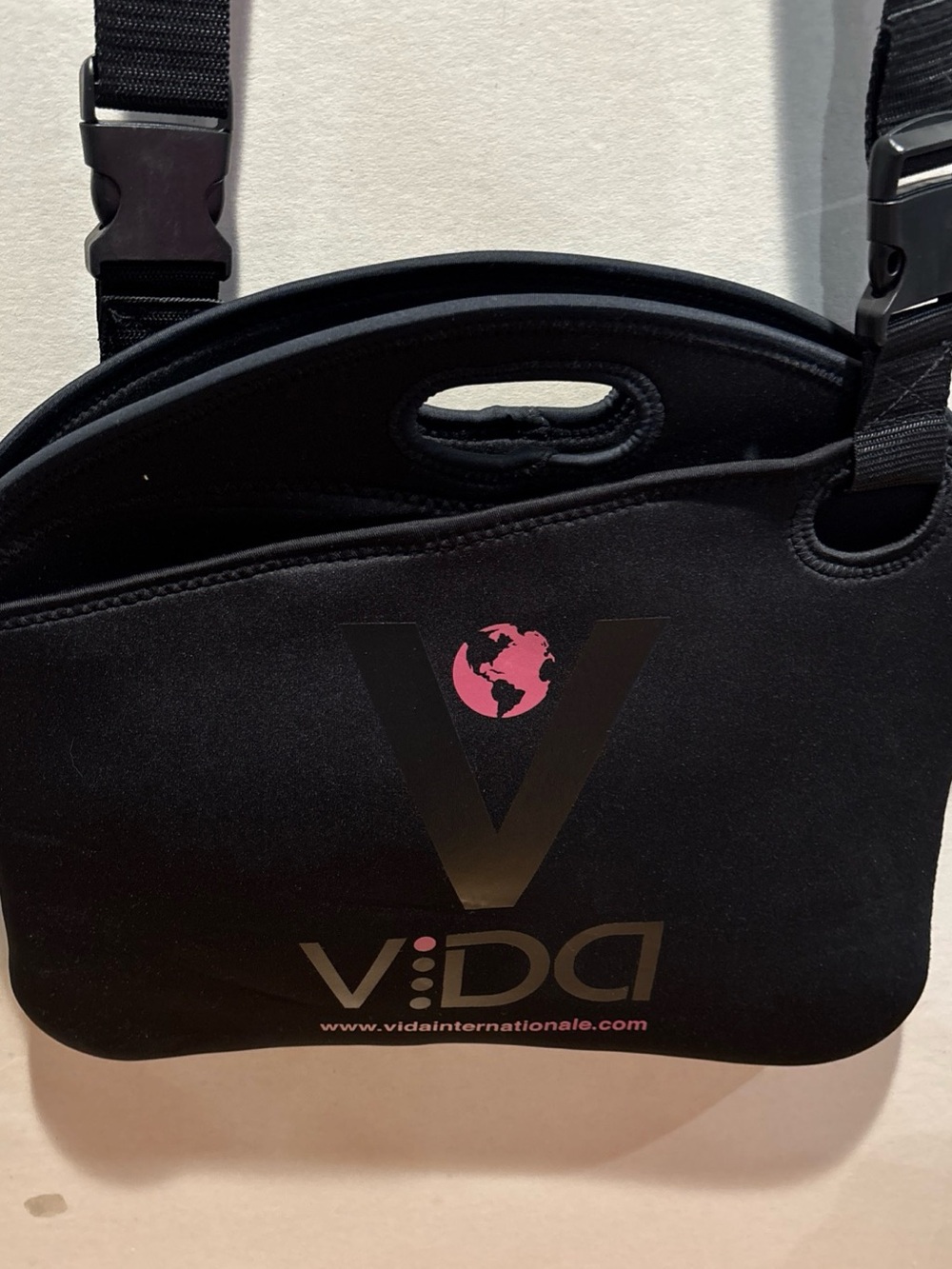VIDA Black Neoprene Laptop Bag with Pink Logo Accent